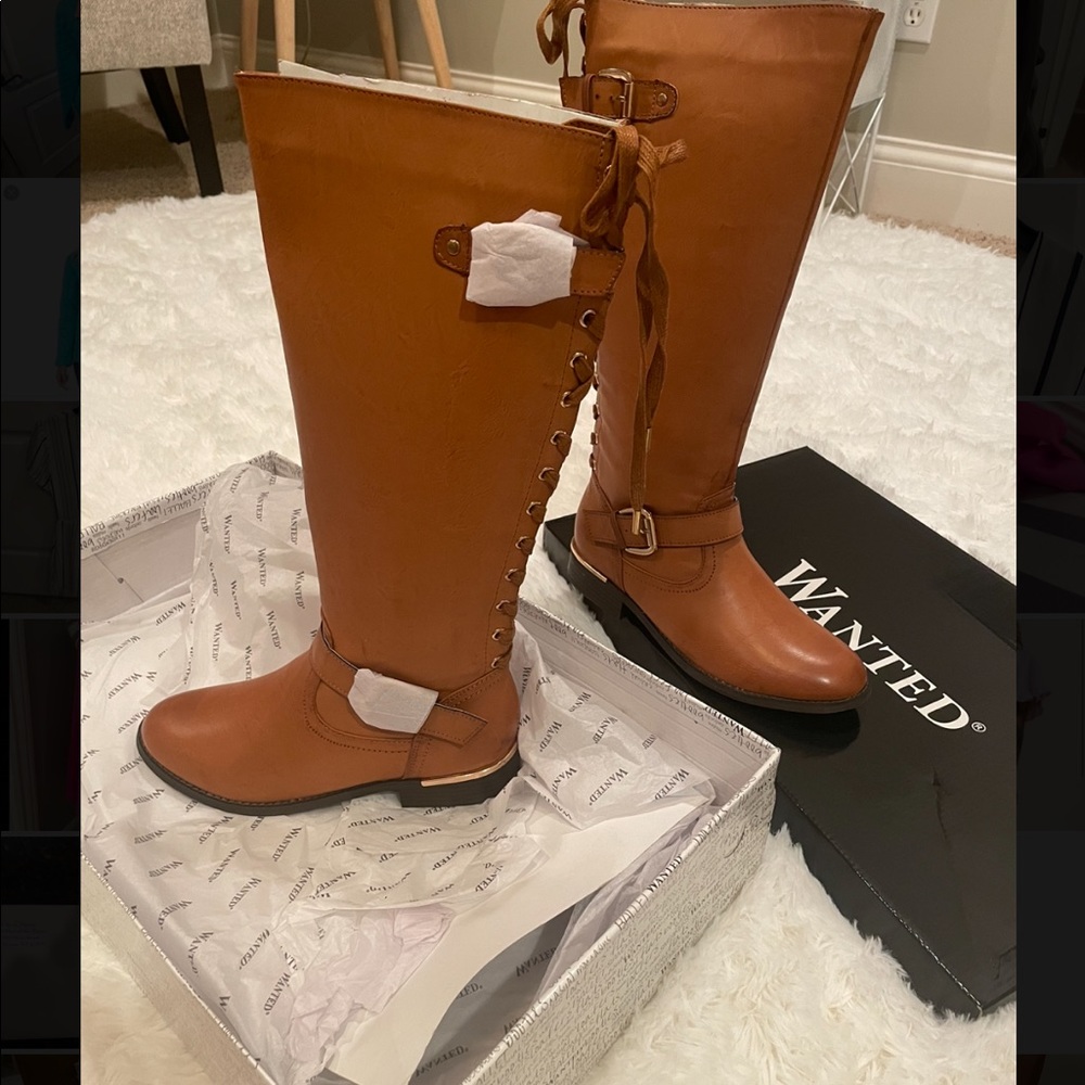 Lace up back knee high tan boots